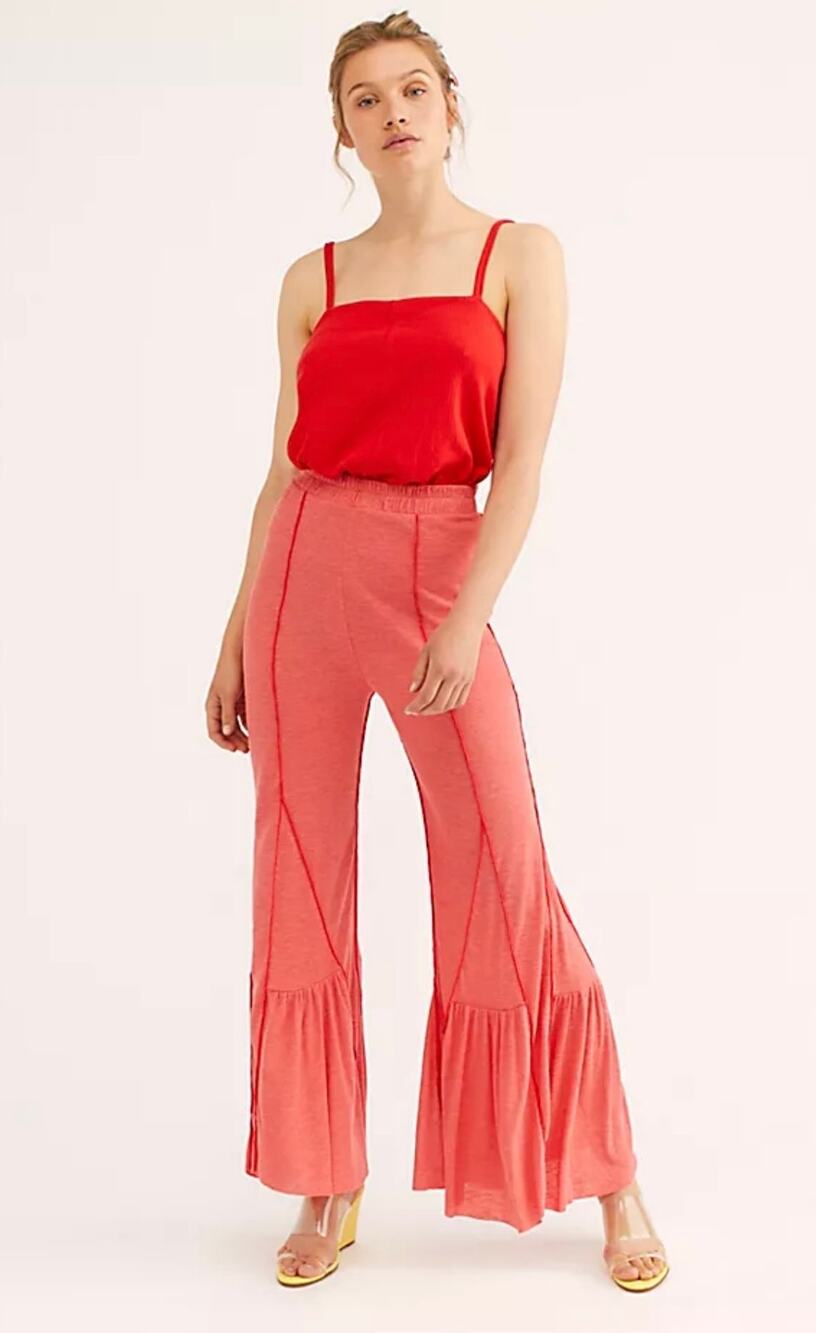 Free People Beach Red Bell Bottom Lounge Pants XS Boho Flare Ruffle
